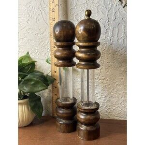 Wood Brass Salt Shaker & Pepper Grinder Mill Japan RARE Vintage MCM 12” Tall